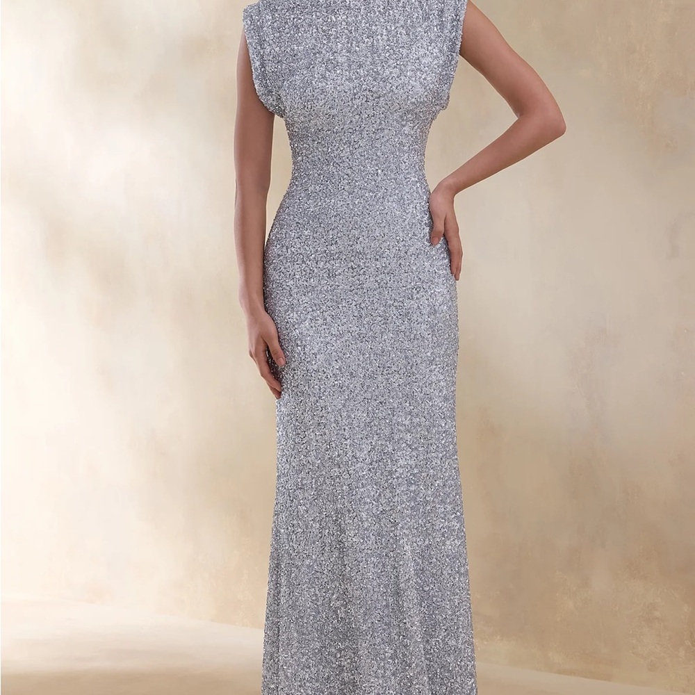 Silver Sequin Crew Neck Dress with Cap Sleeves